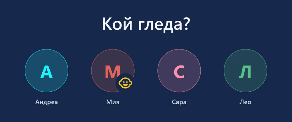 visiv при стартиране: „Кой гледа?“ с четири профила – Андреа, Мия (детски профил), Сара и Лео.