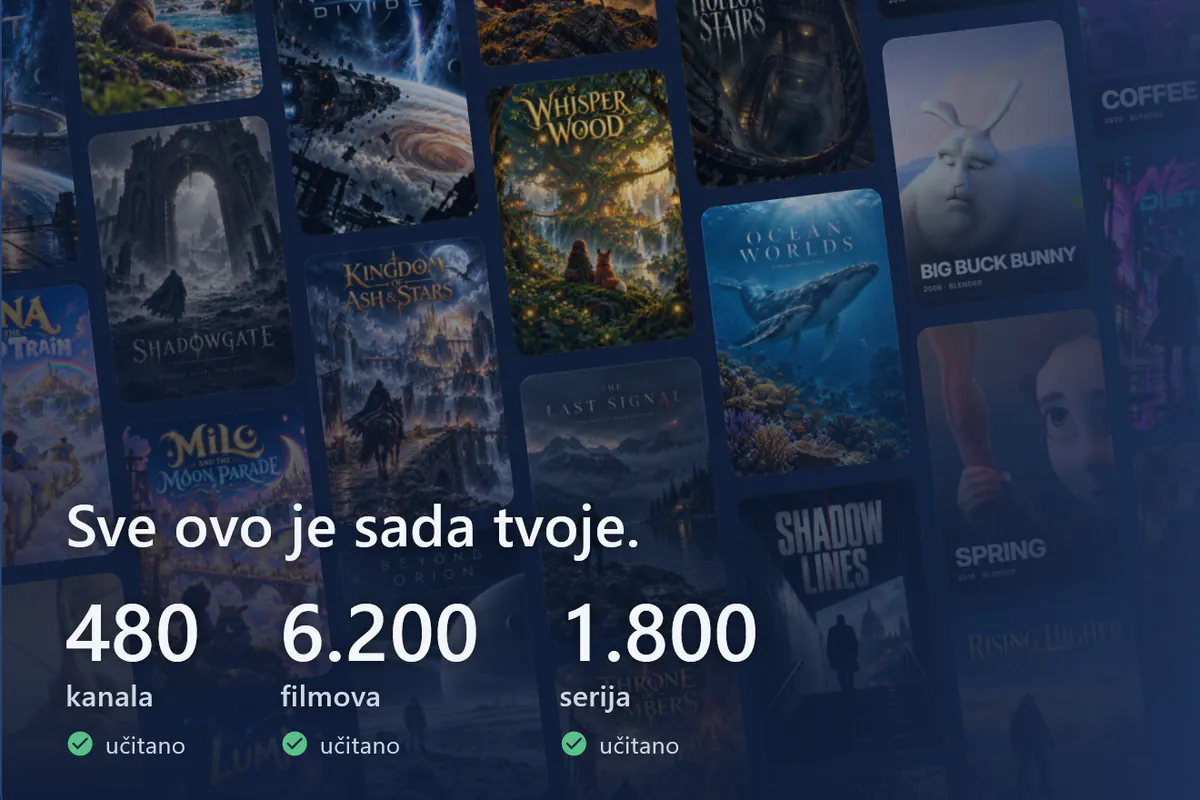 Tvoj visiv je spreman: zid s plakatima, učitano 480 kanala, 6200 filmova i 1800 serija (demo izvor).