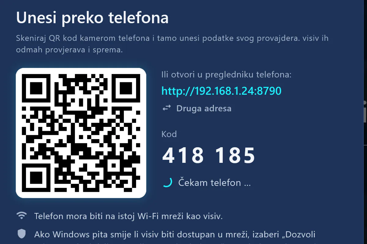 Unesi preko telefona: skeniraj QR kod, unesi kod – visiv čeka telefon.