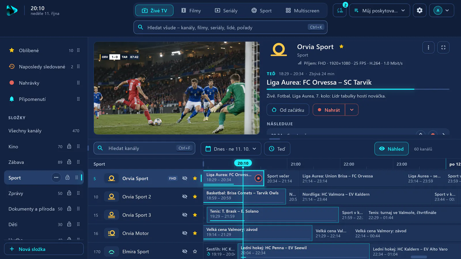 Živé TV v aplikaci visiv: složka Sport s probíhajícím fotbalovým zápasem v náhledu, pod ní program sportovních kanálů.