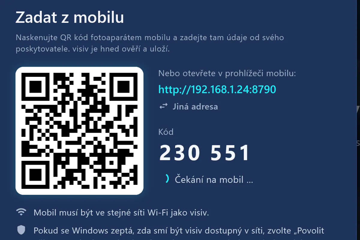 „Zadat z mobilu“: naskenujte QR kód, zadejte kód – visiv čeká na mobil.
