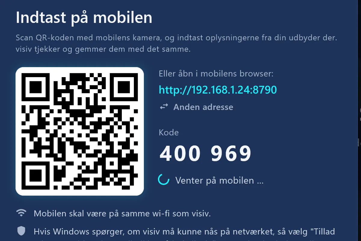 Indtast på mobilen: scan QR-koden, indtast koden – visiv venter på mobilen.