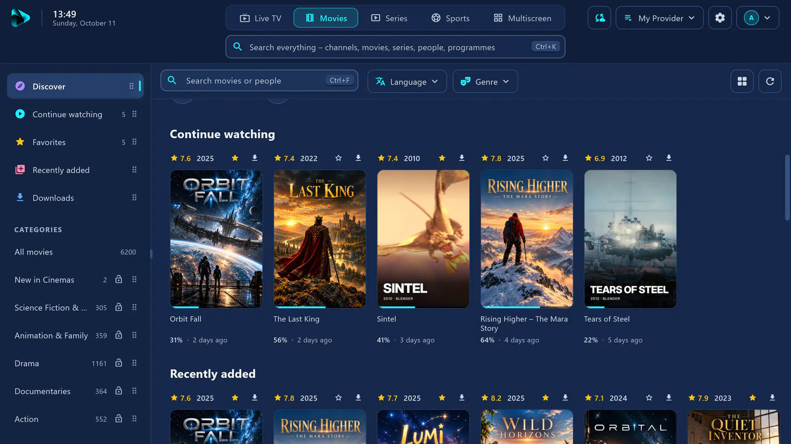 Movies in visiv: continue watching with posters and progress – Orbit Fall, The Last King, Sintel, Rising Higher, Tears of Steel – and categories with 6200 movies on the left. Real screenshot with a demo source.