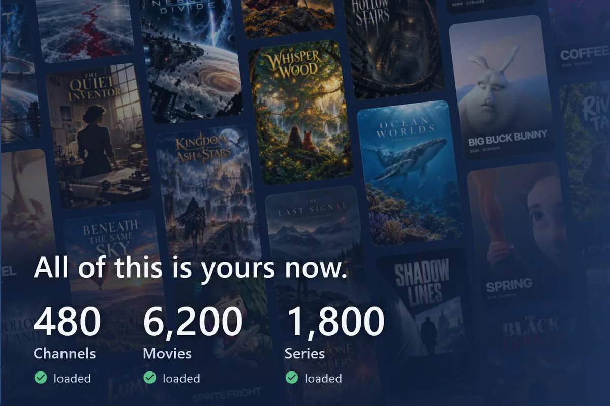 Your visiv is ready: a wall of posters, 480 channels, 6200 movies and 1800 series loaded (demo source).