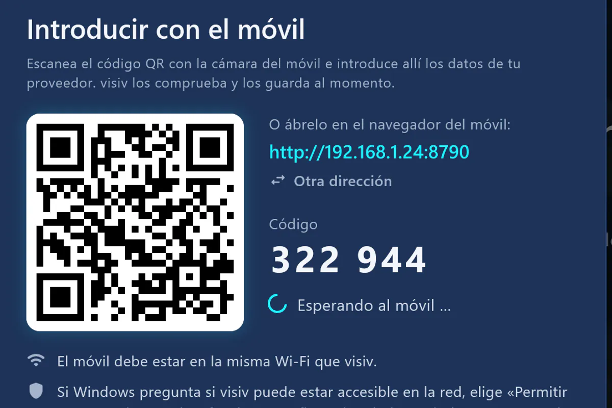 «Introducir con el móvil»: escanear el código QR, introducir el código; visiv espera al móvil.