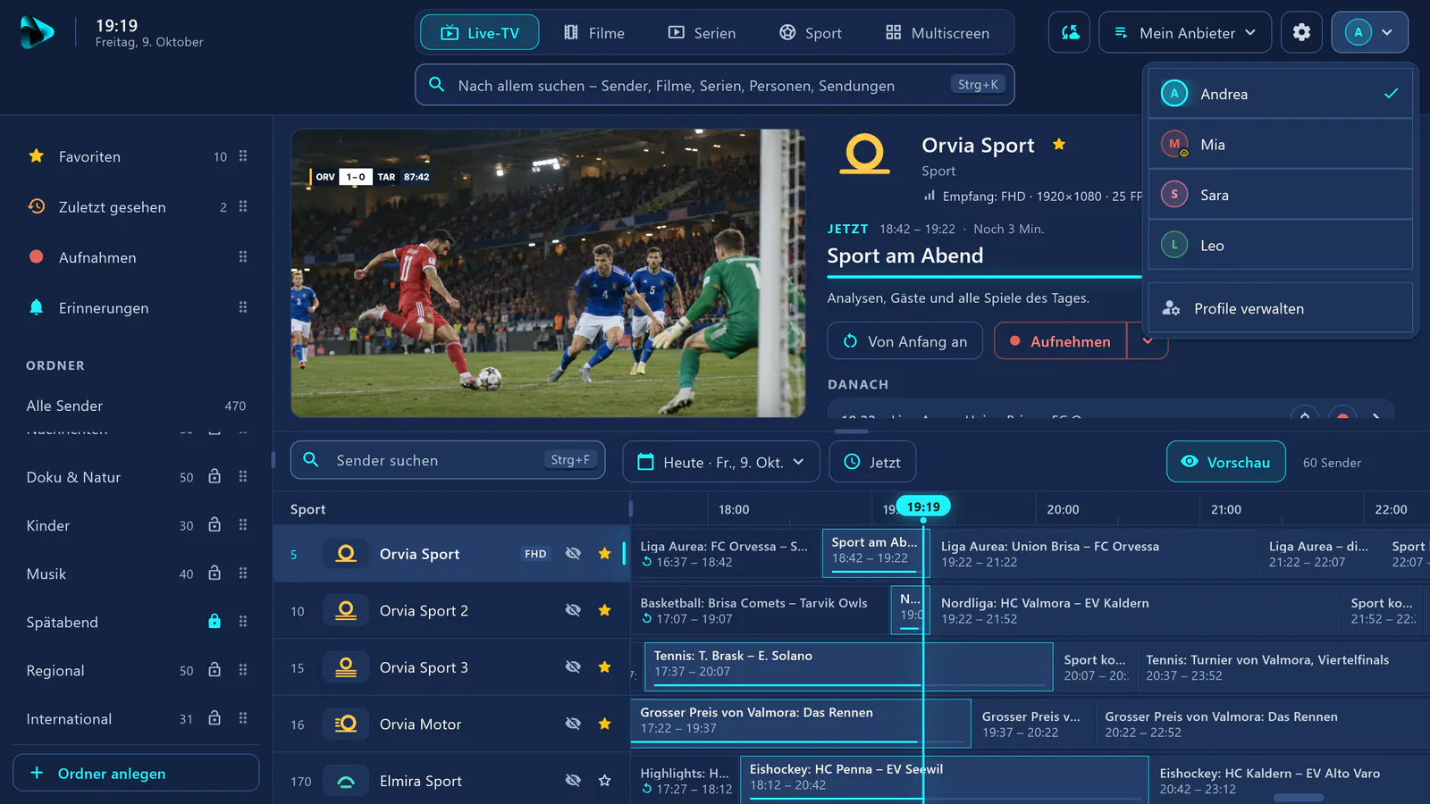 Live-TV in visiv: Profilmenü mit vier Profilen, links in der Seitenleiste der gesperrte Ordner «Spätabend» mit Schloss.