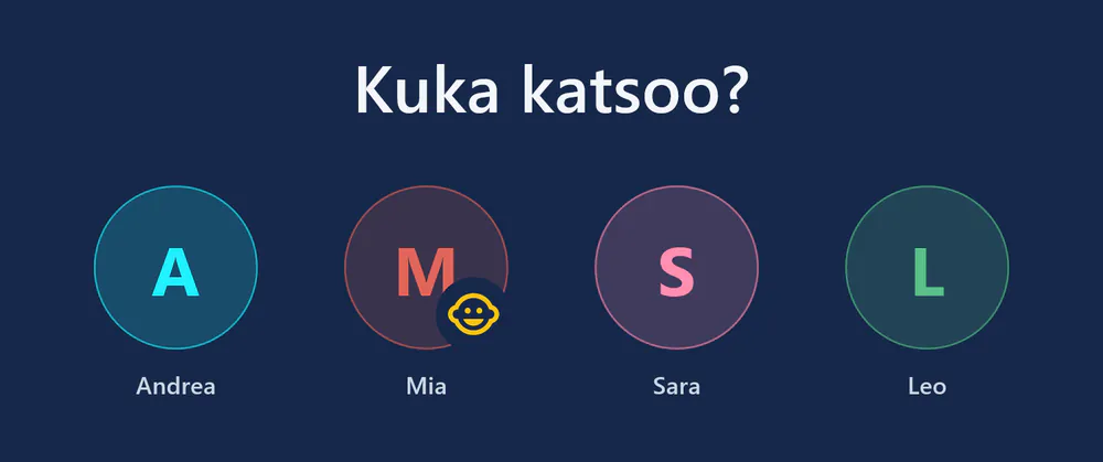 visiv käynnistyksessä: ”Kuka katsoo?” ja neljä profiilia – Andrea, Mia (lasten profiili), Sara ja Leo.