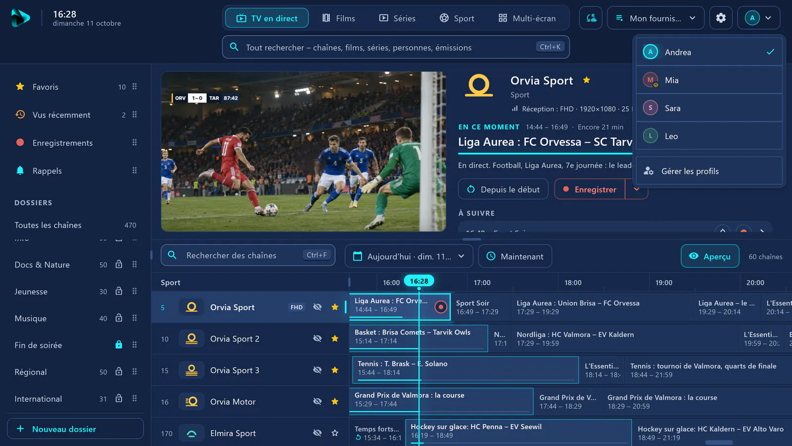 TV en direct dans visiv : menu des profils avec quatre profils, à gauche dans la barre latérale le dossier verrouillé « Fin de soirée » avec un cadenas.