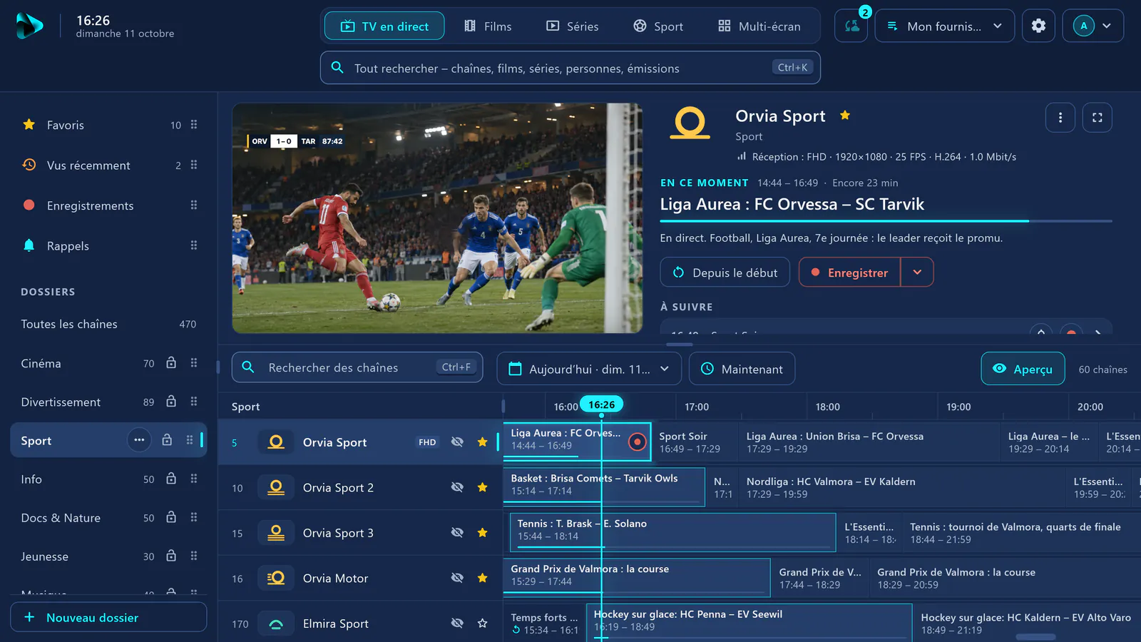 TV en direct dans visiv : dossier Sport avec un match de football en cours dans l’aperçu, en dessous le guide des chaînes sportives.