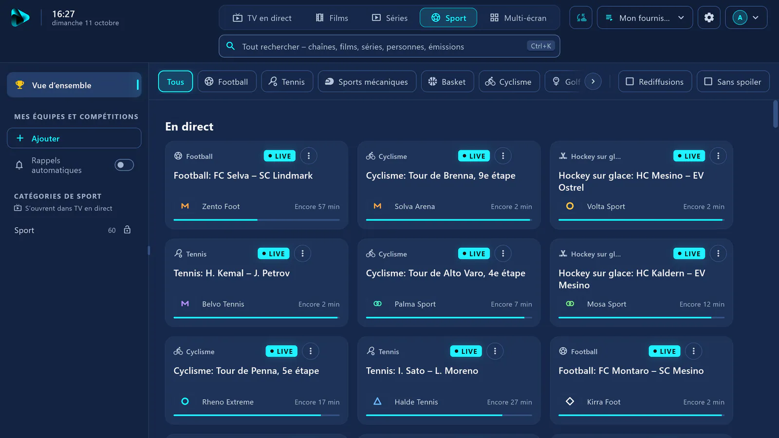 Sport dans visiv : cartes de tous les matchs en direct – football, hockey sur glace, basketball, sport automobile et plus encore.