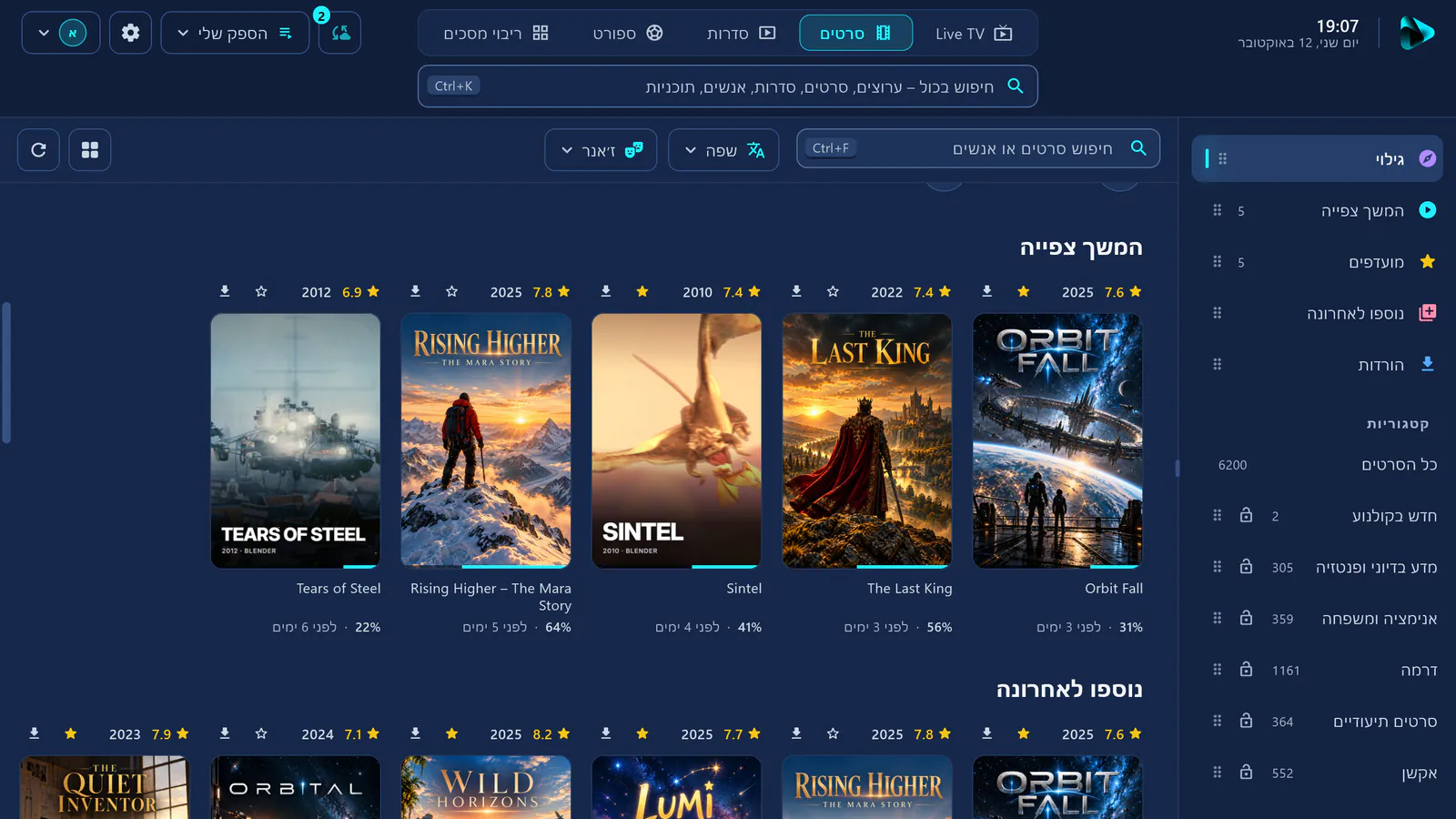 סרטים ב-visiv: המשך צפייה עם פוסטרים והתקדמות – Orbit Fall, The Last King, Sintel, Rising Higher, Tears of Steel –, ומימין קטגוריות עם 6200 סרטים. צילום מסך אמיתי עם מקור הדגמה.