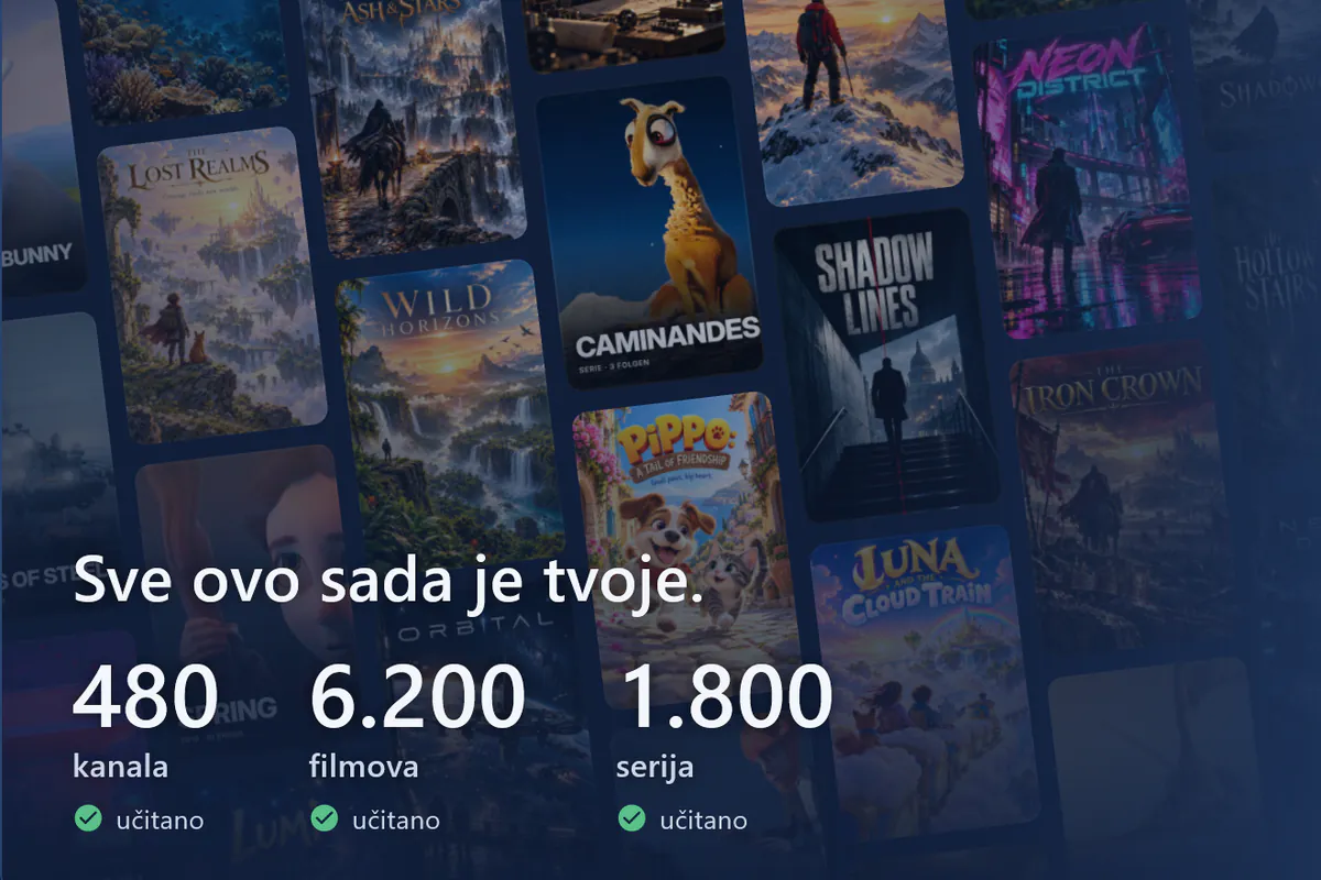 Tvoj visiv je spreman: zid s plakatima, učitano 480 kanala, 6200 filmova i 1800 serija (demo izvor).