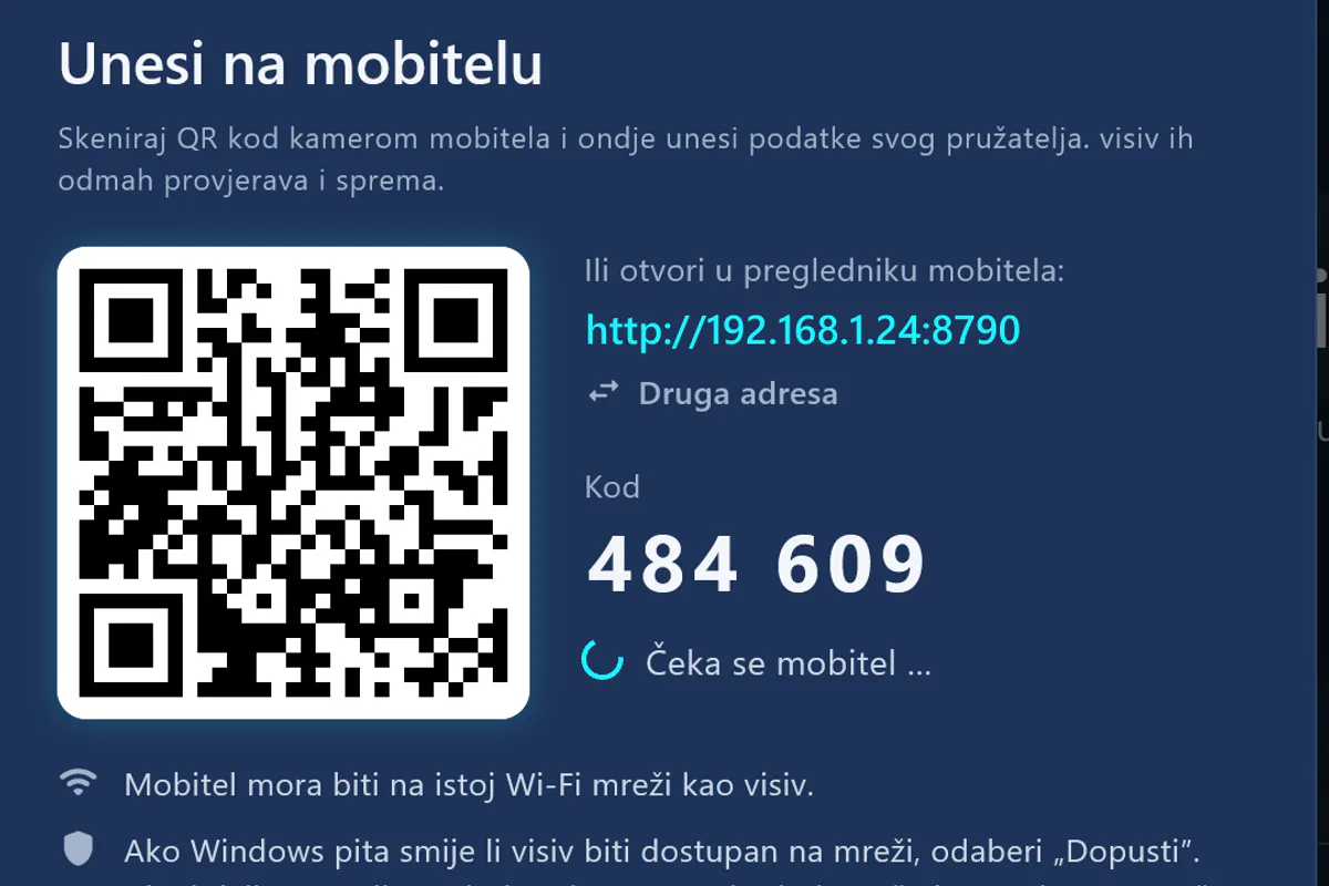 Unesi na mobitelu: skeniraj QR kod, unesi kod – visiv čeka mobitel.