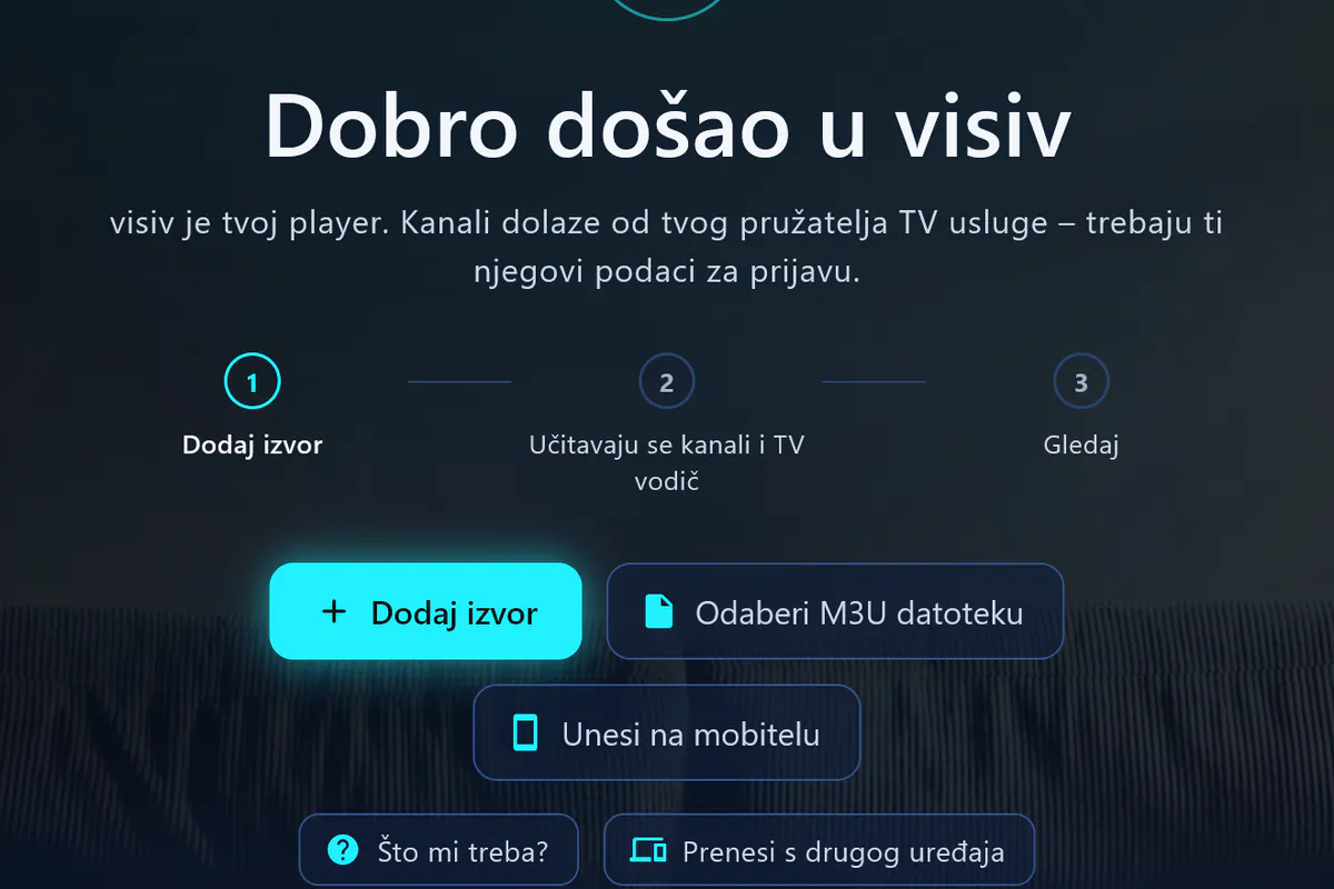 Dobro došli u visiv: tri koraka – dodaj izvor, učitavaju se kanali i TV vodič, gledaj.