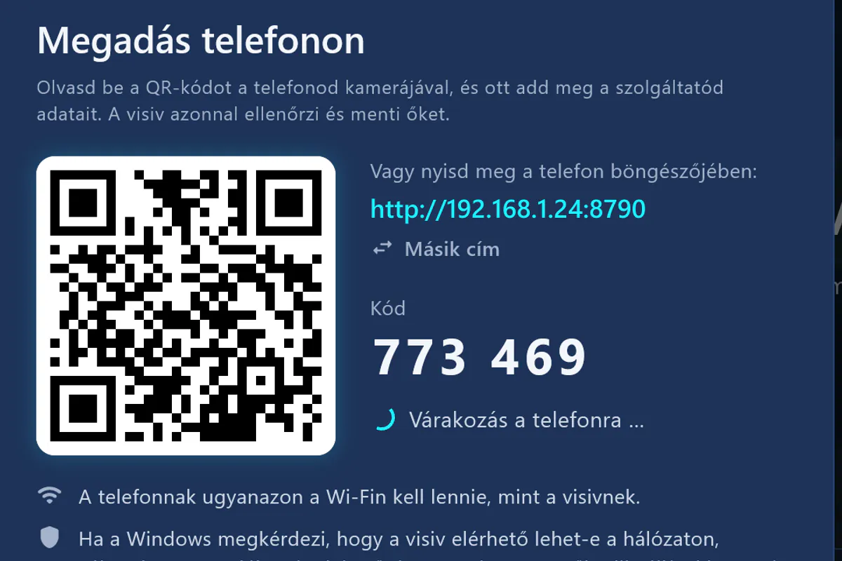 Megadás telefonon: QR-kód beolvasása, kód megadása – a visiv vár a telefonra.