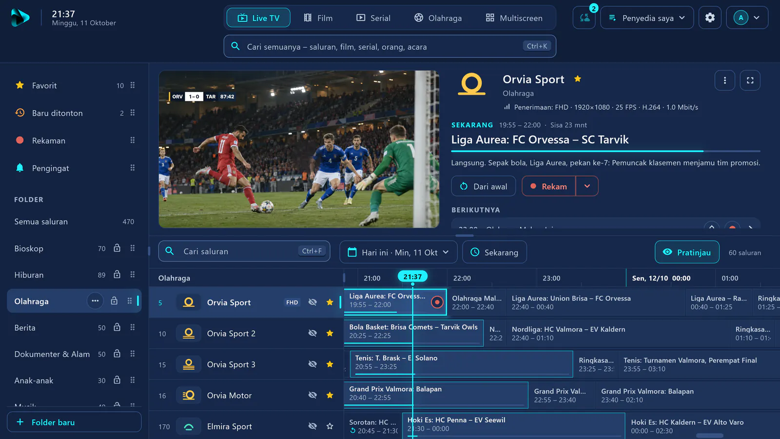 Live TV di visiv: folder Olahraga dengan pertandingan sepak bola di pratinjau, di bawahnya panduan TV saluran olahraga.