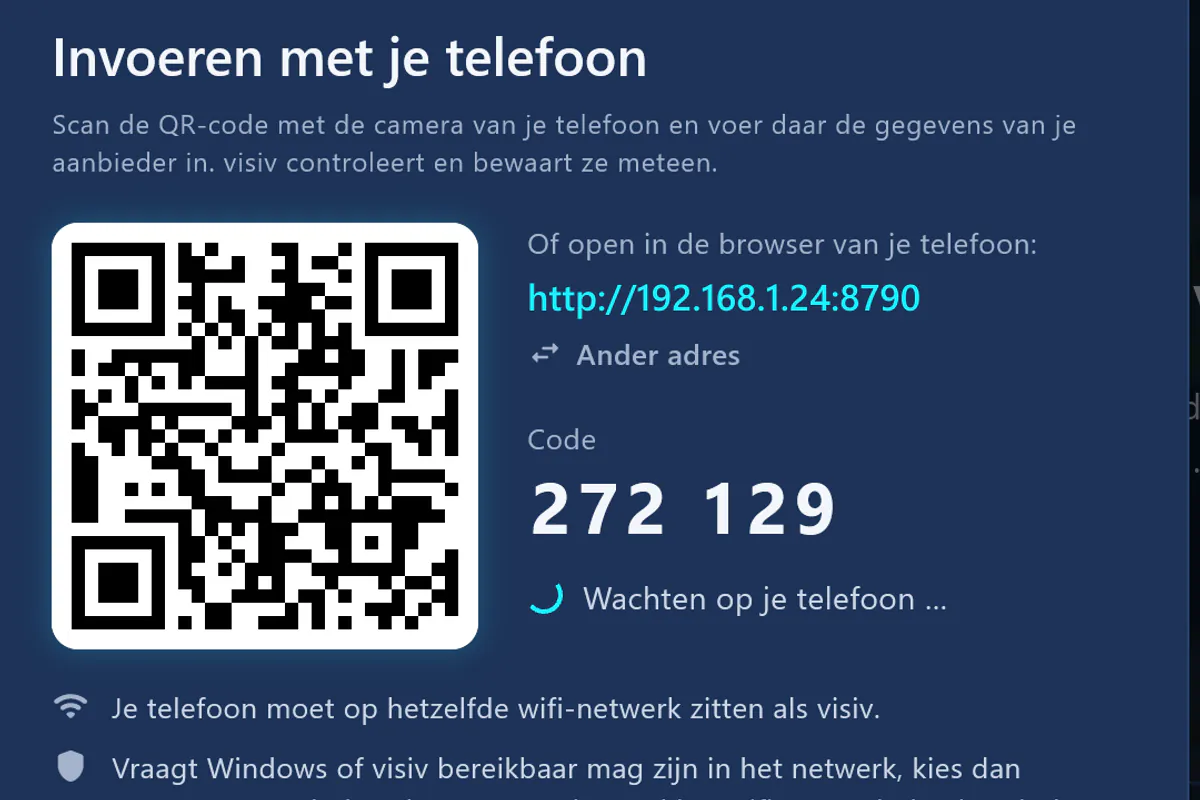 Invoeren met je telefoon: QR-code scannen, code invoeren – visiv wacht op de telefoon.