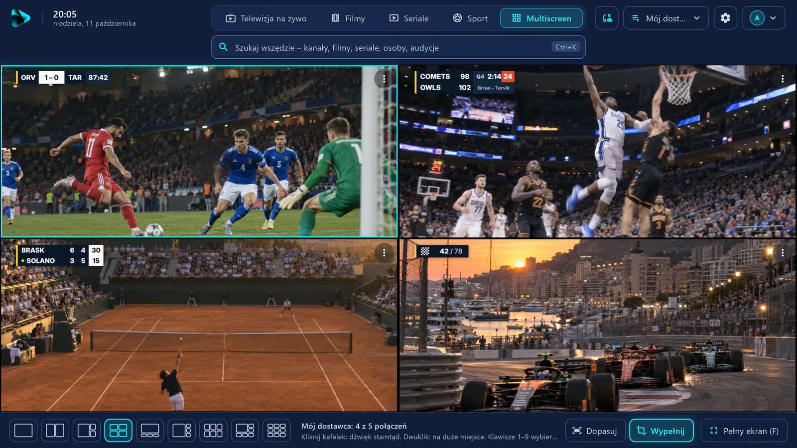 Multiscreen w visiv: cztery kanały sportowe jednocześnie – piłka nożna, koszykówka, tenis i sporty motorowe.