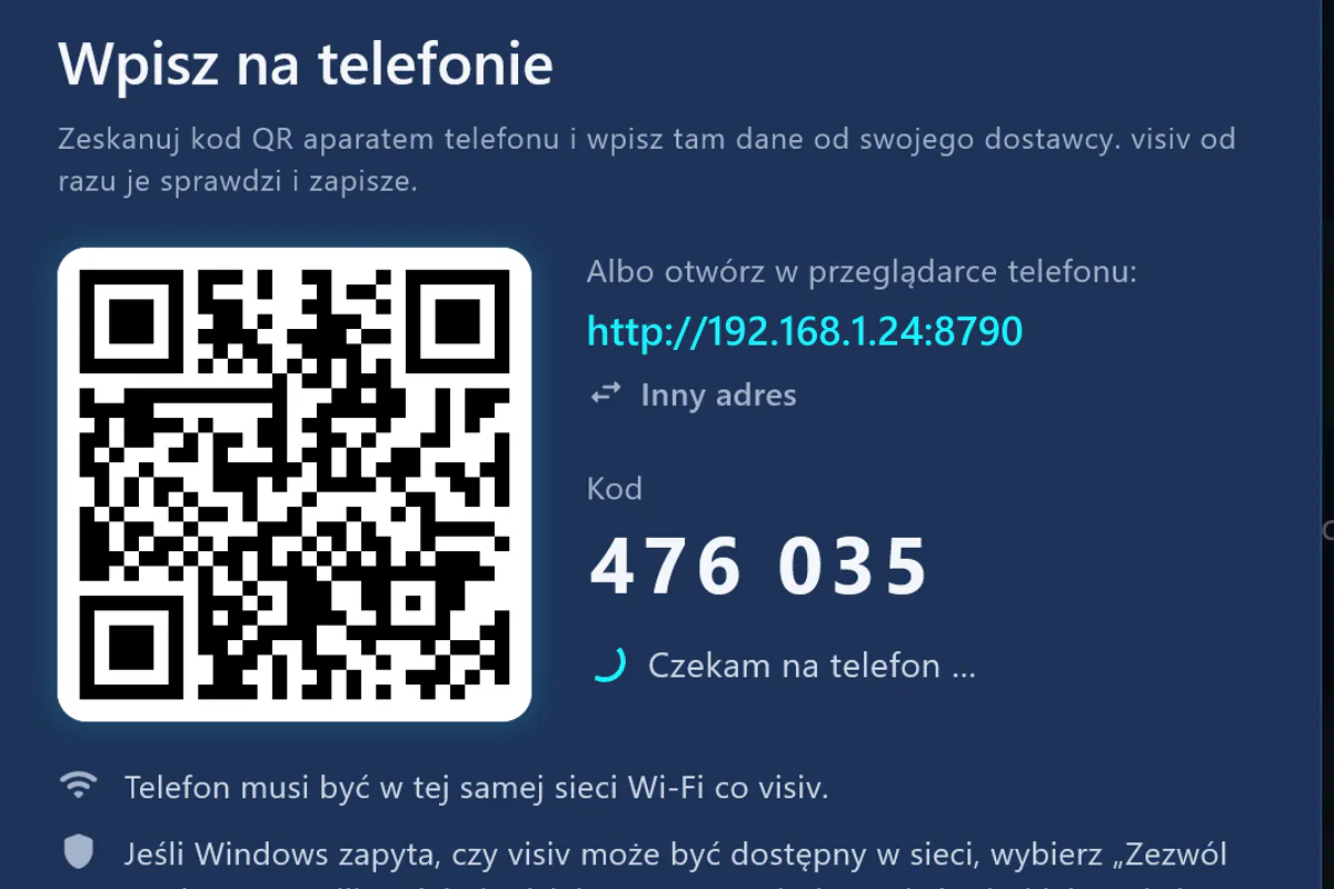 „Wpisz na telefonie”: zeskanuj kod QR, wpisz kod – visiv czeka na telefon.