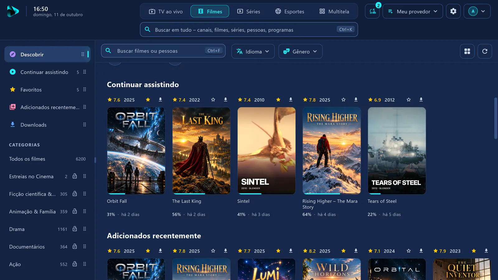 Filmes no visiv: “Continuar assistindo” com pôsteres e progresso – Orbit Fall, The Last King, Sintel, Rising Higher, Tears of Steel –, à esquerda as categorias com 6200 filmes. Captura de tela real com uma fonte de demonstração.
