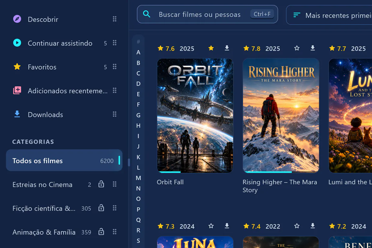 Filmes no visiv: “Todos os filmes” com 6200 títulos, à esquerda as categorias com seus números, ao lado a barra A–Z e os pôsteres.