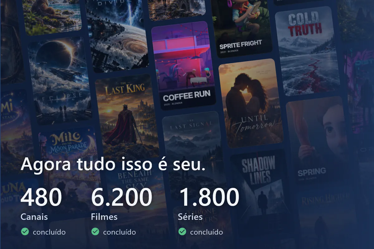 Seu visiv está pronto: mural de pôsteres, 480 canais, 6200 filmes e 1800 séries carregados (fonte de demonstração).
