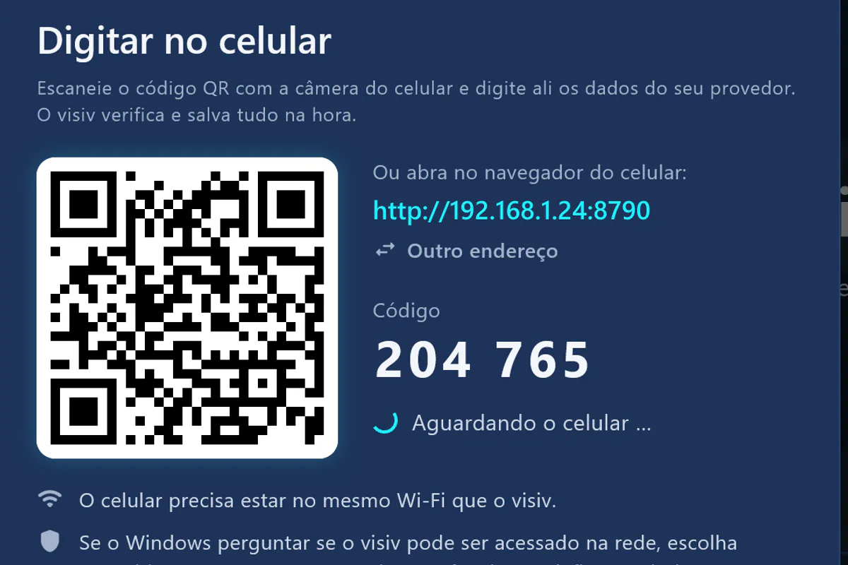 “Digitar no celular”: escanear o QR code, digitar o código – o visiv aguarda o celular.