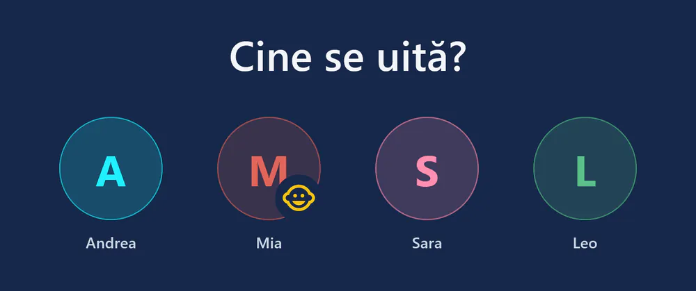 visiv la pornire: „Cine se uită?” cu patru profiluri – Andrea, Mia (profil pentru copii), Sara și Leo.
