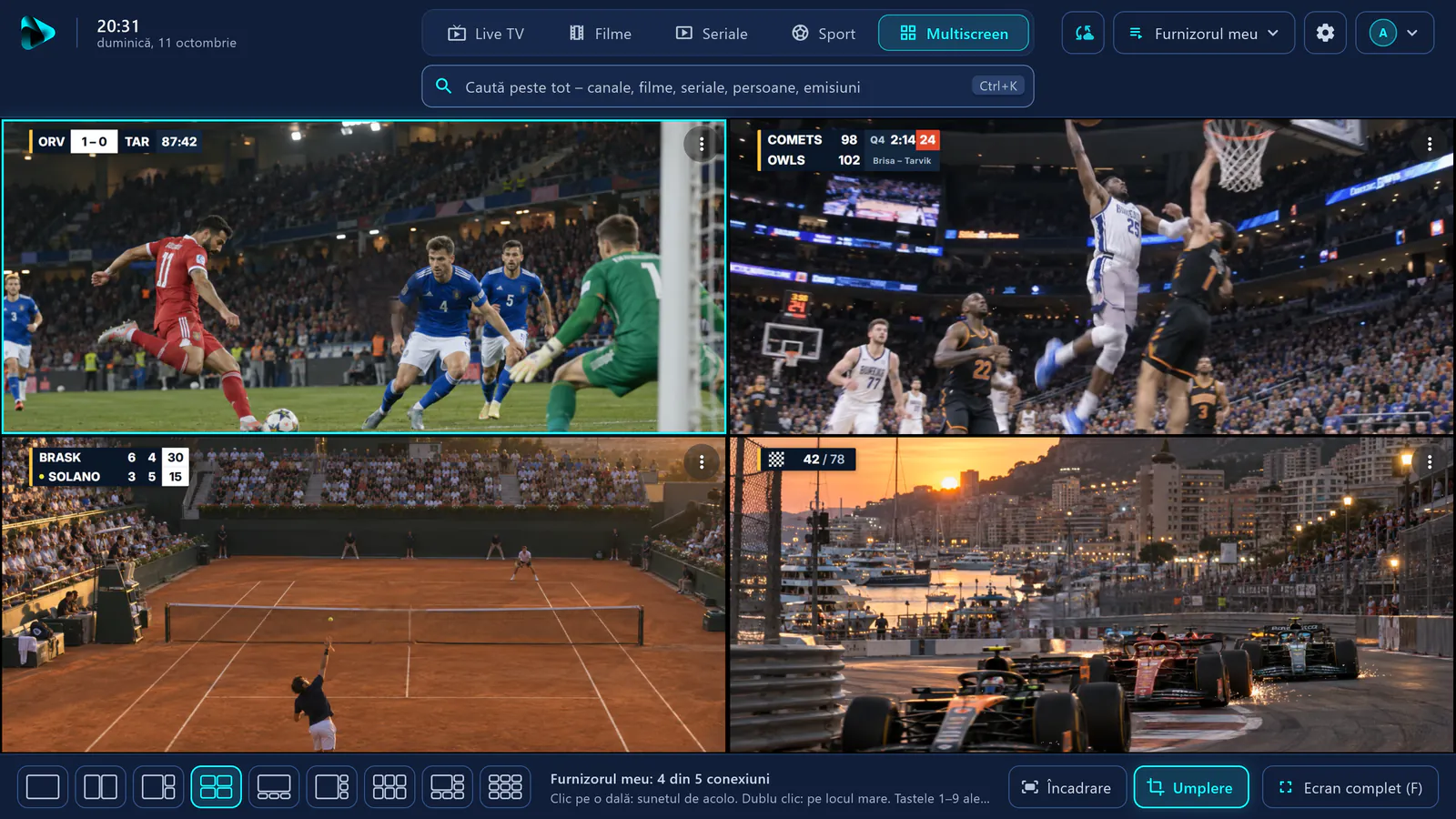 Multiscreen în visiv: patru canale de sport simultan – fotbal, baschet, tenis și motorsport.