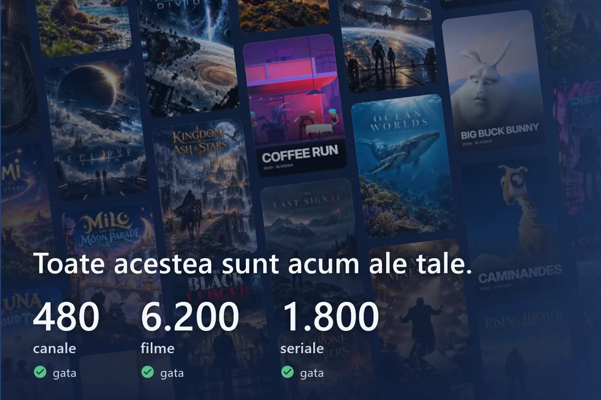 visiv este gata: un perete de afișe, 480 de canale, 6200 de filme și 1800 de seriale încărcate (sursă demo).