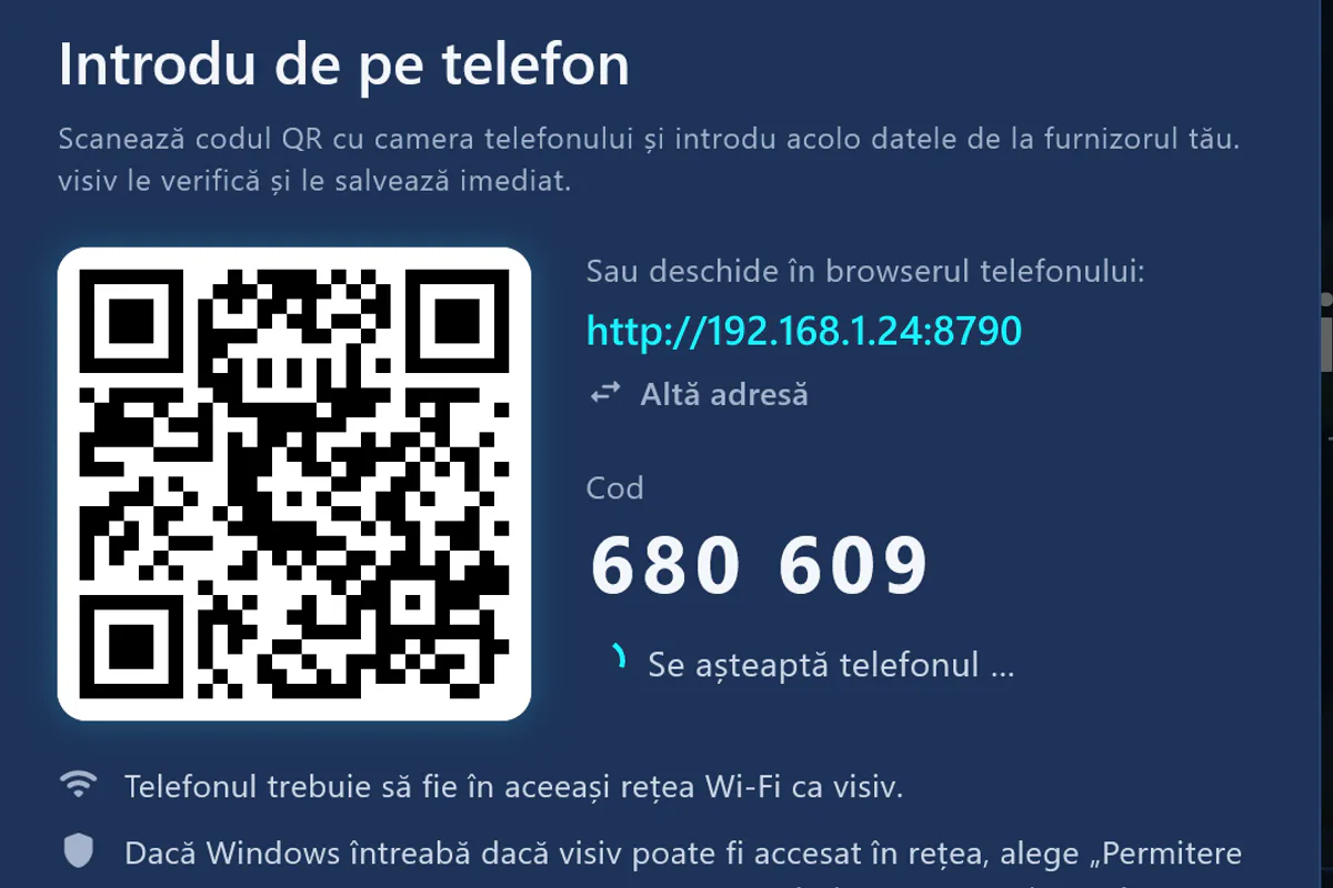 Introdu de pe telefon: scanează codul QR, introdu codul – visiv așteaptă telefonul.