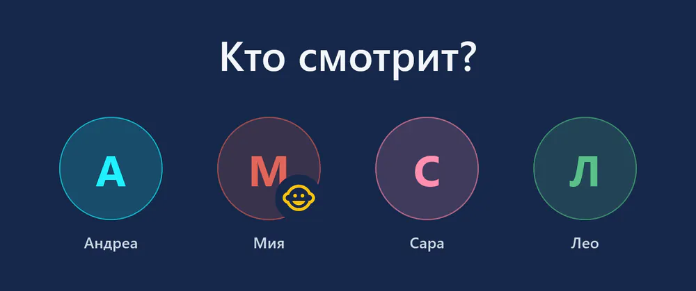 visiv при запуске: «Кто смотрит?» с четырьмя профилями — Андреа, Мия (детский профиль), Сара и Лео.