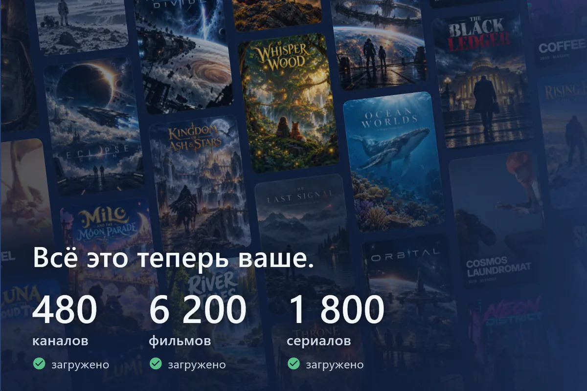 Ваш visiv готов: стена постеров, загружено 480 каналов, 6200 фильмов и 1800 сериалов (демонстрационный источник).