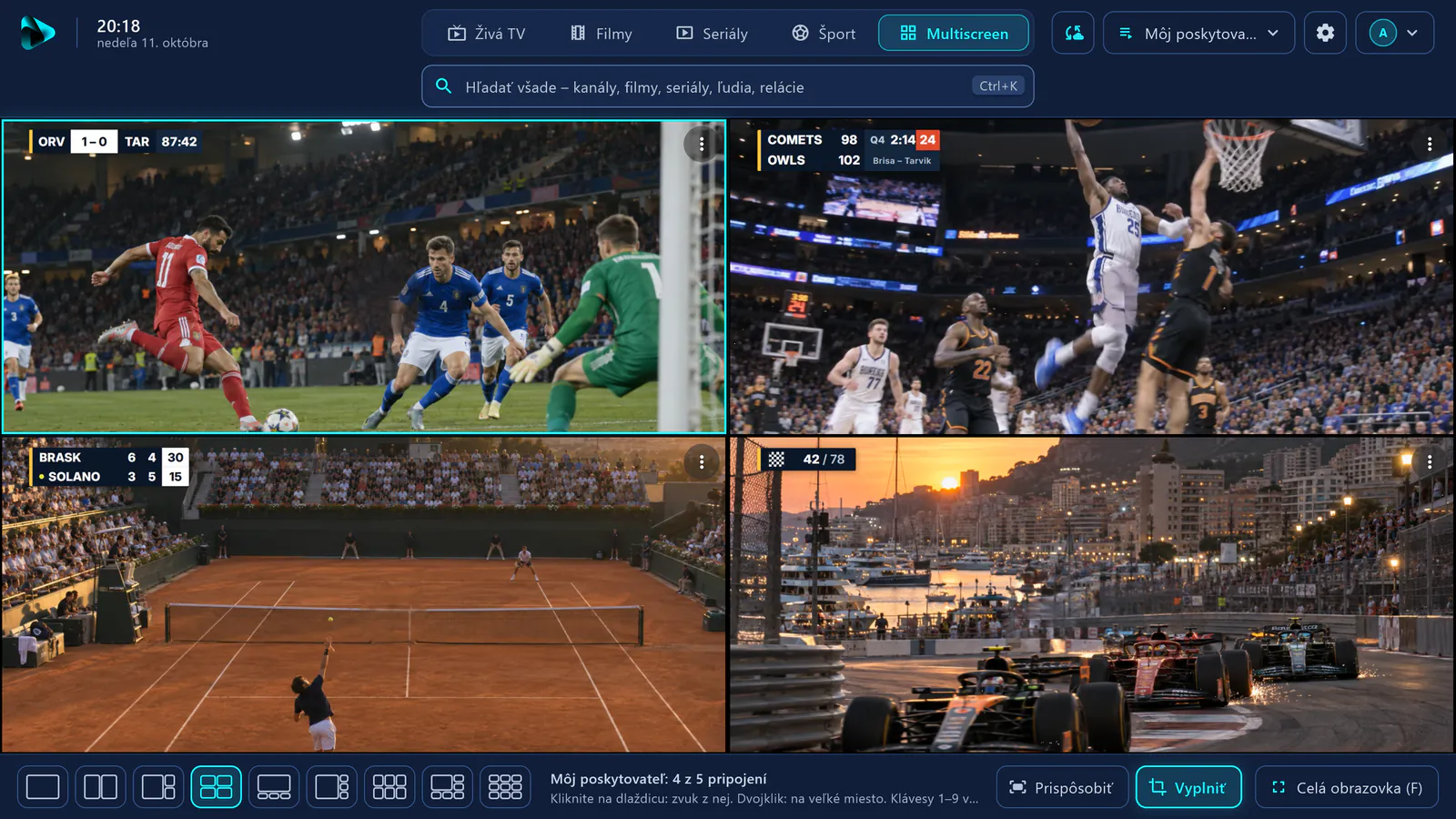 Multiscreen v aplikácii visiv: štyri športové kanály naraz – futbal, basketbal, tenis a motoršport.