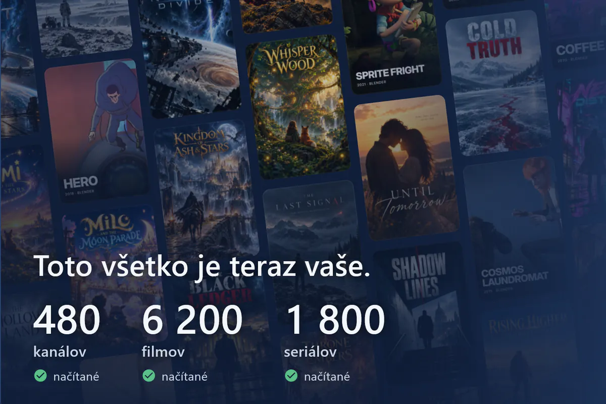 visiv je pripravený: stena s plagátmi, načítaných 480 kanálov, 6200 filmov a 1800 seriálov (demo zdroj).
