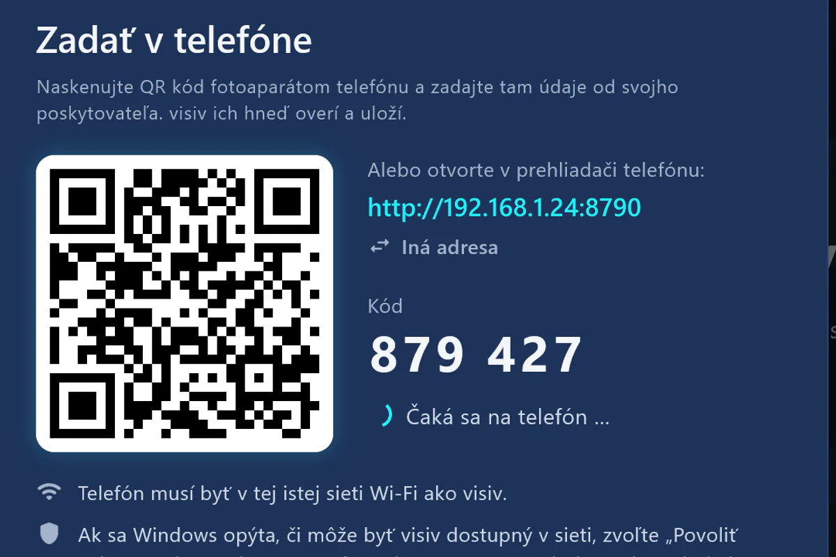 „Zadať v telefóne“: naskenujte QR kód, zadajte kód – visiv čaká na telefón.