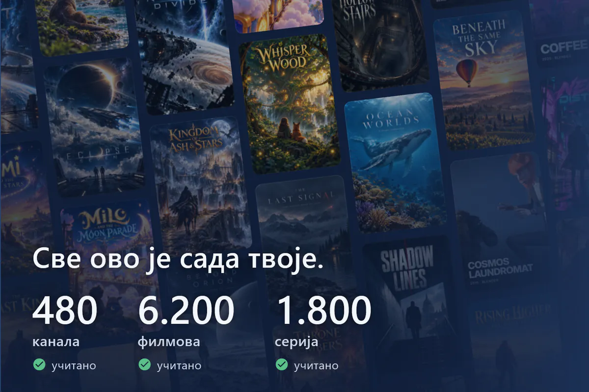 Твој visiv је спреман: зид са постерима, учитано 480 канала, 6200 филмова и 1800 серија (демонстрациони извор).