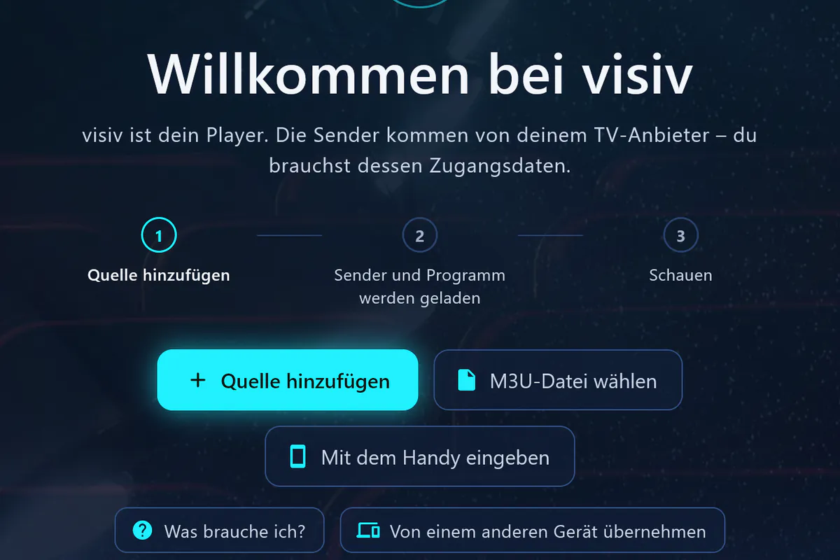 Willkommen bei visiv: drei Schritte – Quelle hinzufügen, Sender und Programm laden, schauen.
