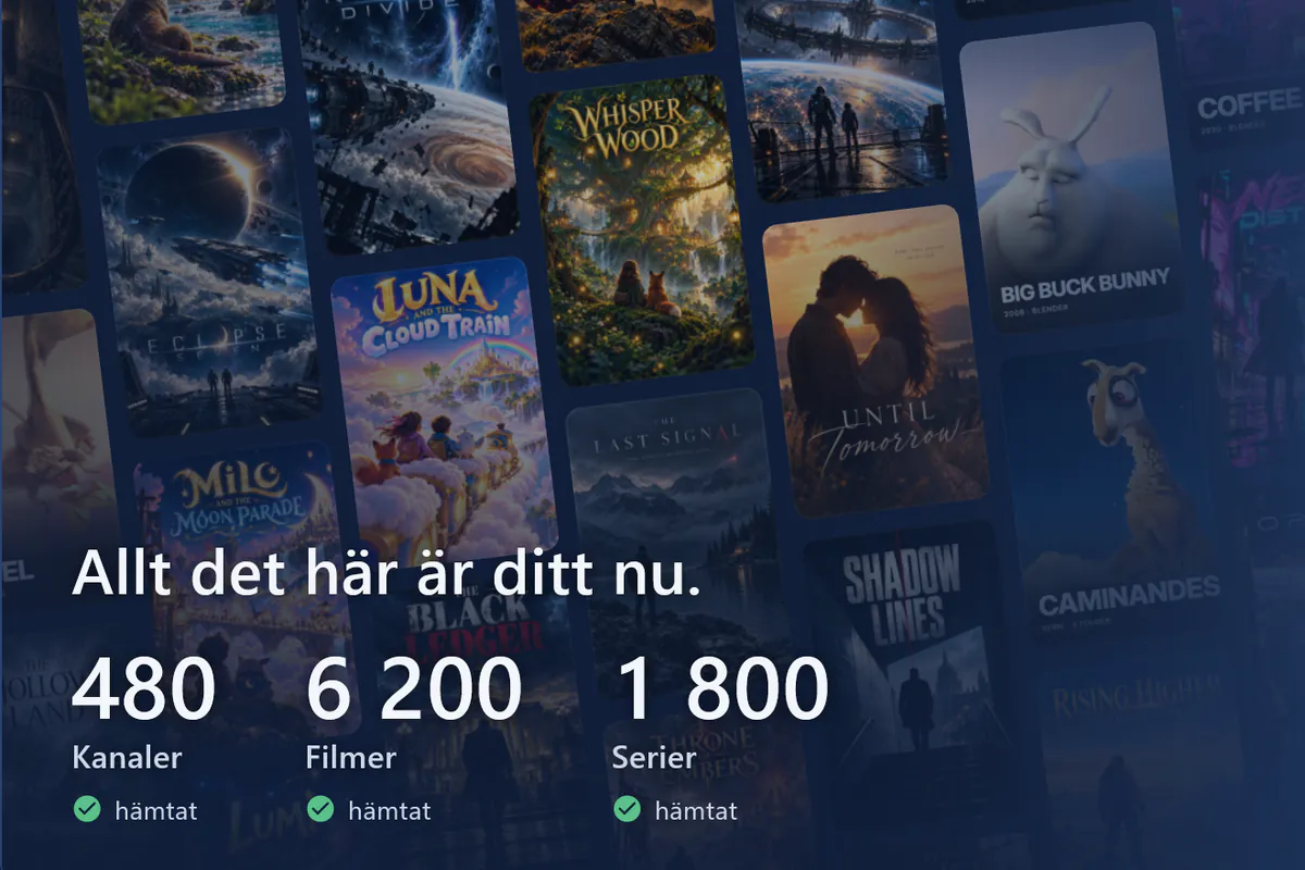 Ditt visiv är klart: vägg med affischer, 480 kanaler, 6200 filmer och 1800 serier inlästa (demokälla).