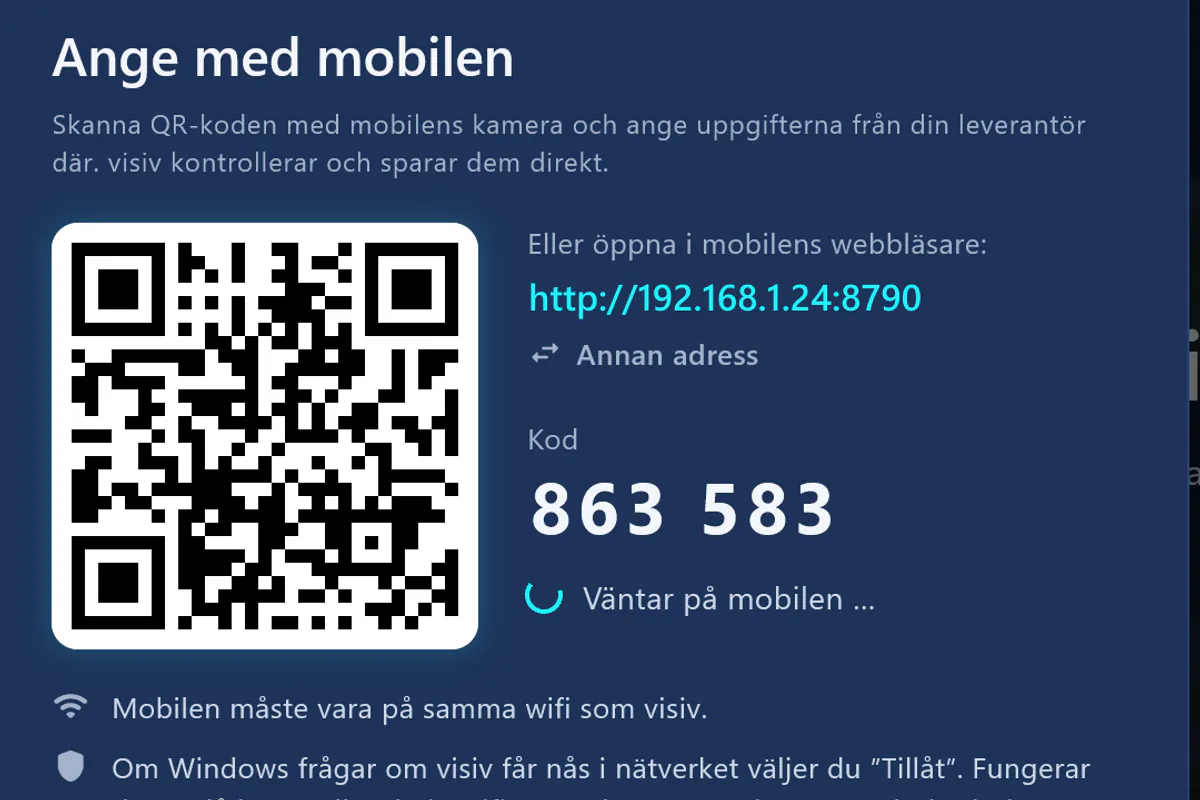 Ange med mobilen: skanna QR-koden, ange koden – visiv väntar på mobilen.