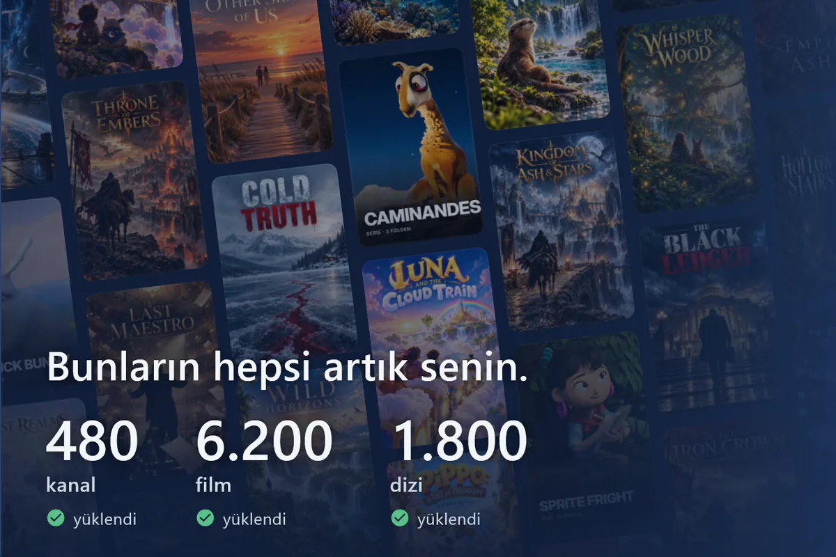 visiv hazır: afiş duvarı, 480 kanal, 6200 film ve 1800 dizi yüklendi (demo kaynağı).