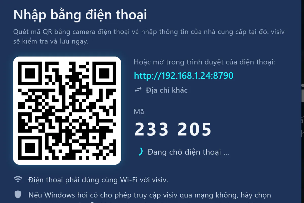 Nhập bằng điện thoại: quét mã QR, nhập mã – visiv đang chờ điện thoại.